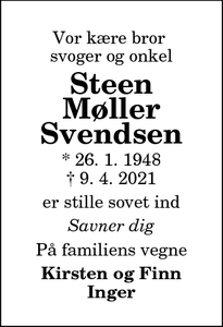 Dødsannoncen for Steen Møller
Svendsen - Brønderslev