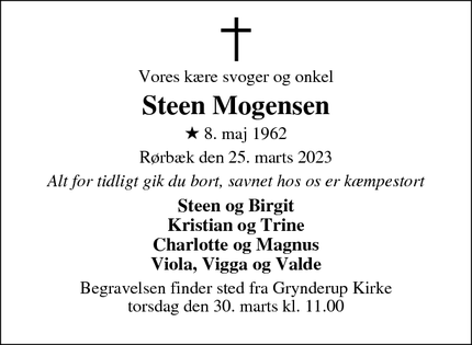 Dødsannoncen for Steen Mogensen - Rørbæk