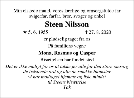 Dødsannoncen for Steen Nilsson - Hornbæk 