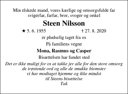 Dødsannoncen for Steen Nilsson - Hornbæk 