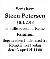 Dødsannoncen for Steen Petersen - Rømø