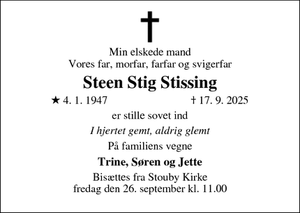 Dødsannoncen for Steen Stig Stissing - Stouby