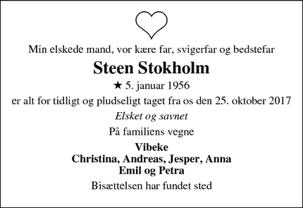 Dødsannoncen for Steen Stokholm - Fensmark