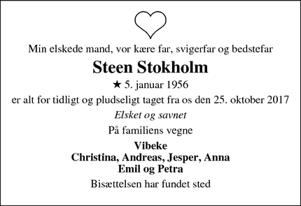 Dødsannoncen for Steen Stokholm - Fensmark