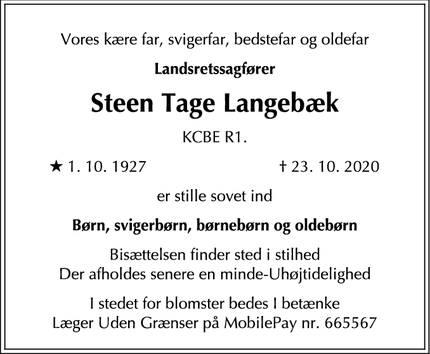 Dødsannoncen for Steen Tage Langebæk - København
