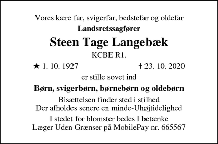 Dødsannoncen for Steen Tage Langebæk - København
