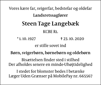 Dødsannoncen for Steen Tage Langebæk - København