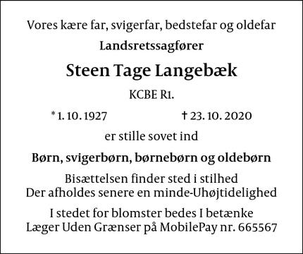 Dødsannoncen for Steen Tage Langebæk - København