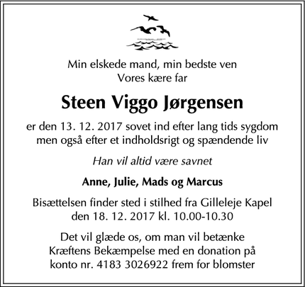 Dødsannoncen for Steen Viggo Jørgensen - Gilleleje