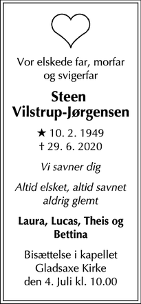 Dødsannoncen for Steen 
Vilstrup-Jørgensen - Vejby Strand