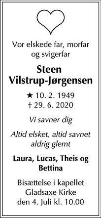 Dødsannoncen for Steen 
Vilstrup-Jørgensen - Vejby Strand