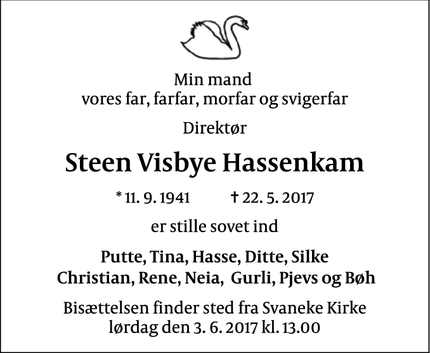 Dødsannoncen for Steen Visbye Hassenkam - Frederiksberg