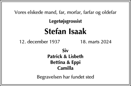 Dødsannoncen for Stefan Isaak - Hellerup