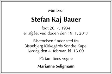 Dødsannoncen for Stefan Kaj Bauer - København