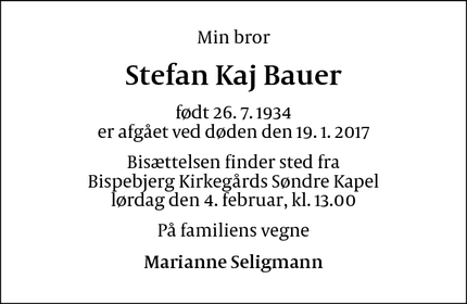 Dødsannoncen for Stefan Kaj Bauer - København