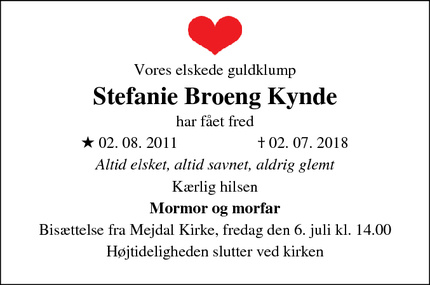 Dødsannoncen for Stefanie Broeng Kynde - Holstebro