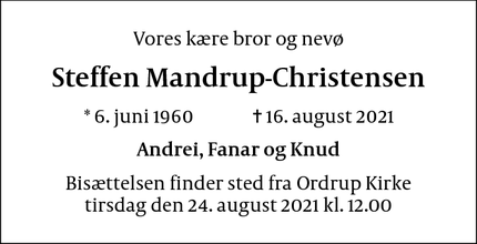 Dødsannoncen for Steffen Mandrup-Christensen - Kbh N