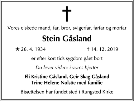 Dødsannoncen for Stein Gåsland - Rungsted Kyst