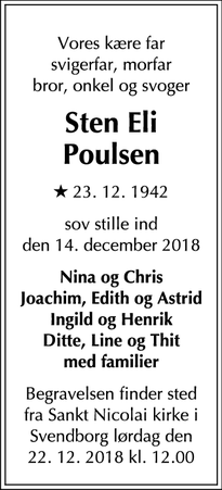 Dødsannoncen for Sten Eli Poulsen - Stilling