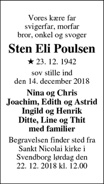 Dødsannoncen for Sten Eli Poulsen - Stilling