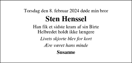 Dødsannoncen for Sten Henssel - Kastrup