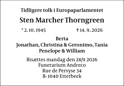 Dødsannoncen for Sten Marcher Thorngreen - Brussel