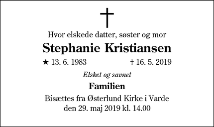 Dødsannoncen for Stephanie Kristiansen - brønderslev