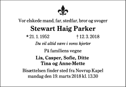 Dødsannoncen for Stewart Haig Parker - Esbjerg
