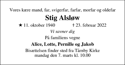Dødsannoncen for Stig Alsløw - Tårnby