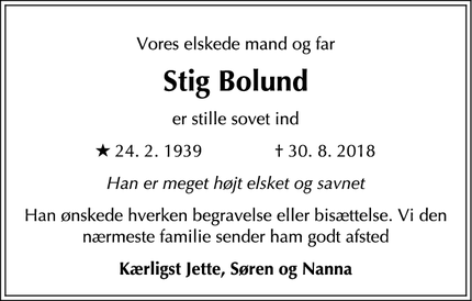 Dødsannoncen for Stig Bolund - Gentofte