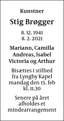 Dødsannoncen for Stig Brøgger - Vedbæk
