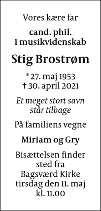 Dødsannoncen for Stig Brostrøm - kbh S
