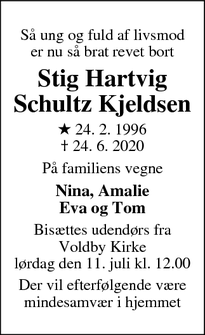 Dødsannoncen for Stig Hartvig Schultz Kjeldsen - Voldby