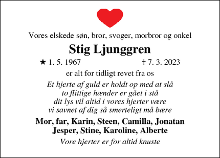 Dødsannoncen for Stig Ljunggren - Smørum