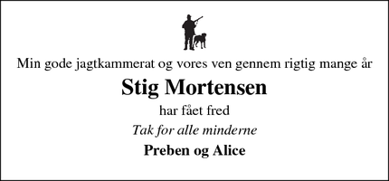 Dødsannoncen for Stig Mortensen - Skærbæk