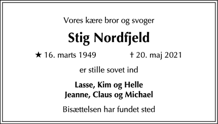 Dødsannoncen for Stig Nordfjeld - Ålsgårde