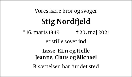 Dødsannoncen for Stig Nordfjeld - Ålsgårde