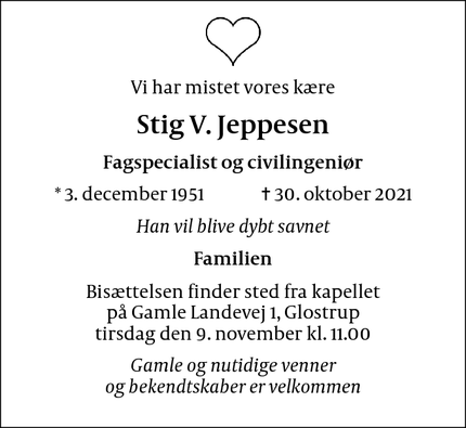 Dødsannoncen for Stig V. Jeppesen - Albertslund