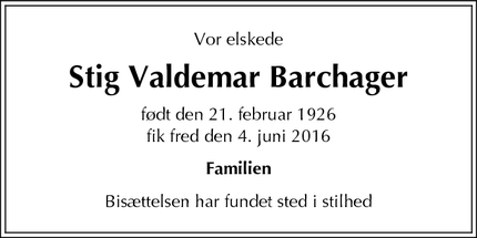 Dødsannoncen for Stig Valdemar Barchager - Frederiksberg