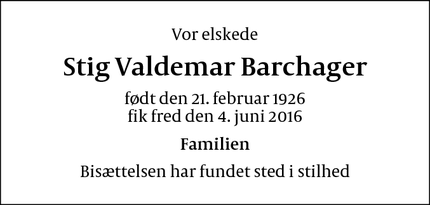 Dødsannoncen for Stig Valdemar Barchager - Frederiksberg
