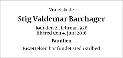 Dødsannoncen for Stig Valdemar Barchager - Frederiksberg