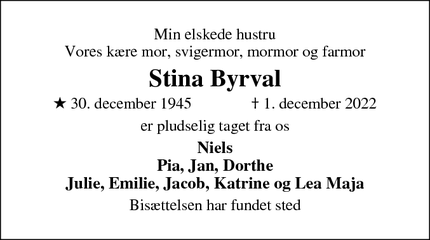 Dødsannoncen for Stina Byrval - Frederikssund