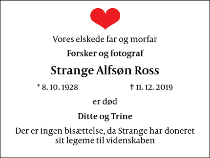 Dødsannoncen for Strange Alfsøn Ross - Hørve