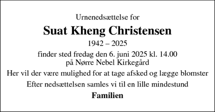 Dødsannoncen for Suat Kheng Christensen - Vedbæk