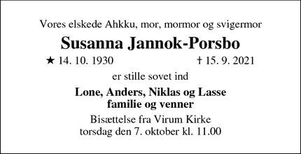 Dødsannoncen for Susanna Jannok-Porsbo - Virum