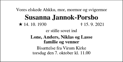 Dødsannoncen for Susanna Jannok-Porsbo - Virum