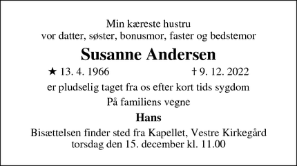 Dødsannoncen for Susanne Andersen - Silkeborg