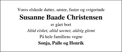 Dødsannoncen for Susanne Baade Christensen - Aars
