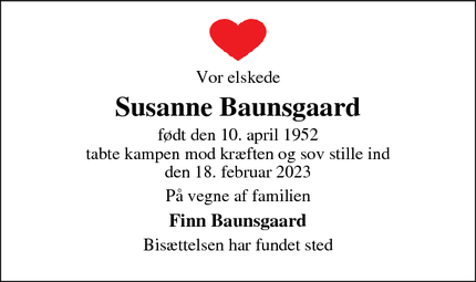 Dødsannoncen for Susanne Baunsgaard - Birkerød