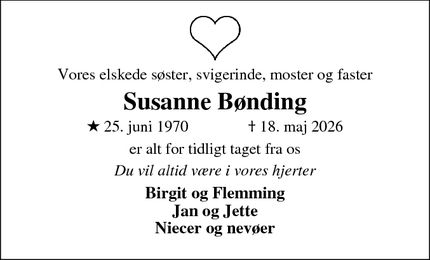 Dødsannoncen for Susanne B&oslash;nding - Bustrup 